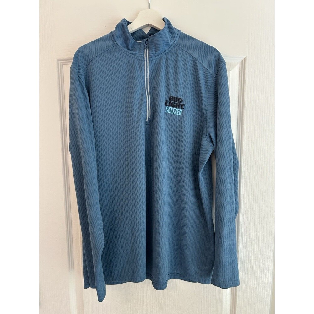 Bud Light Seltzer Pullover Sweater Stretch Men XL Blue 1/4 Quarter Zip Mock Neck
